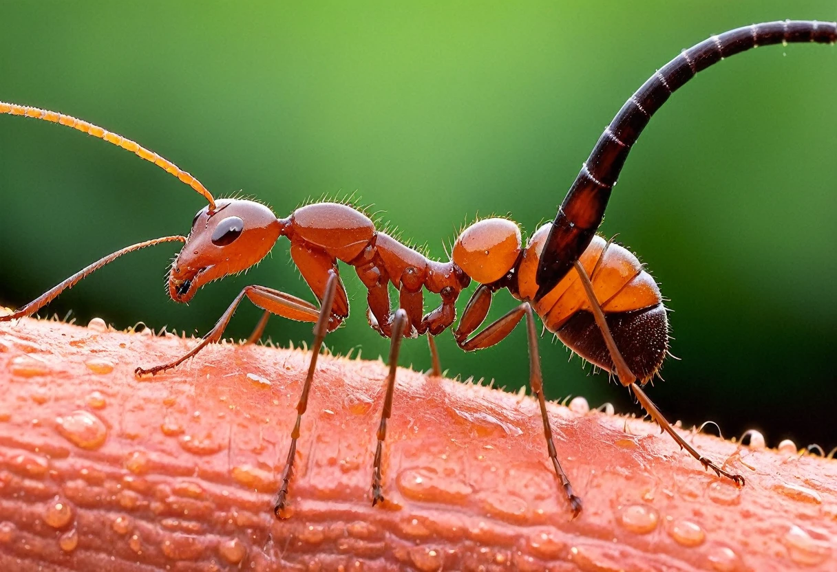 An ant the size of a dog, with mandibles like garden shears, bites a wriggling worm in half, drops of amber liquid dripping down its chitinous legs, macrophotography, surrealism,