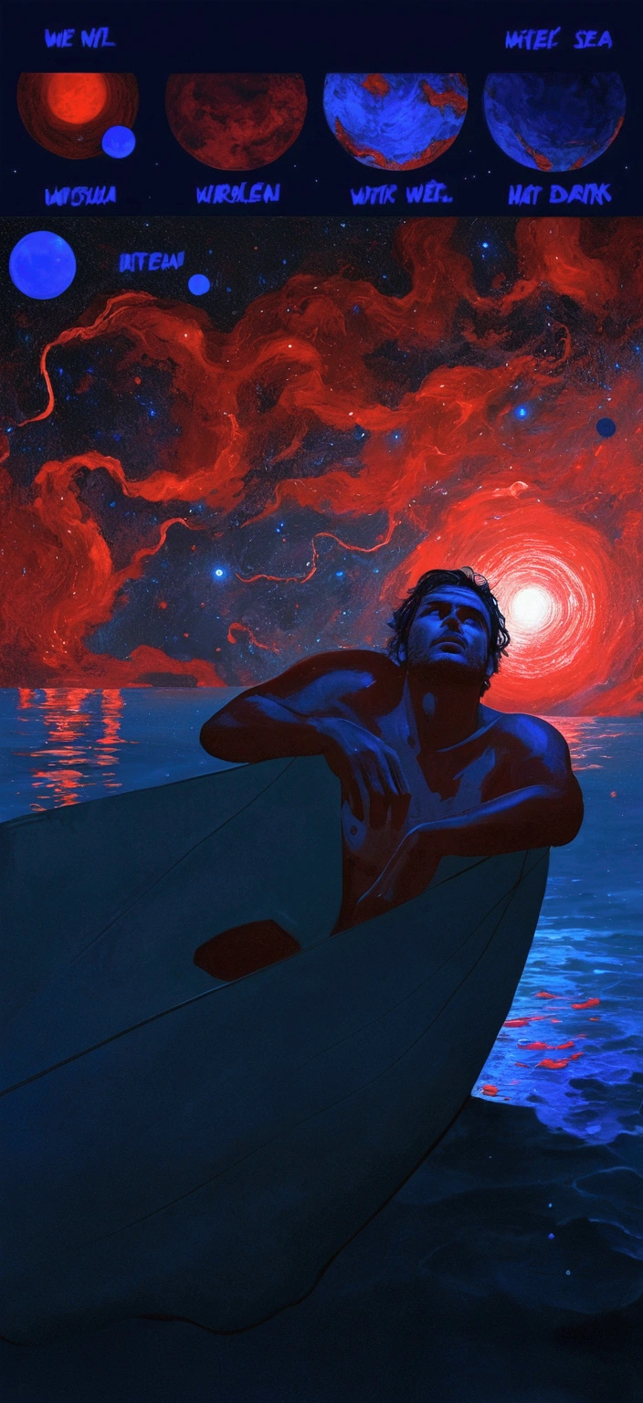 Man sad, inside the sea, wearing wet clothes, your hair is wet, it's dark, at night, the sky looks like a constellation full of planets. The man looks at the camera, he has thick lips, eyes browns. Within the sea there are shades of bright red and blue, looks like a well done painting