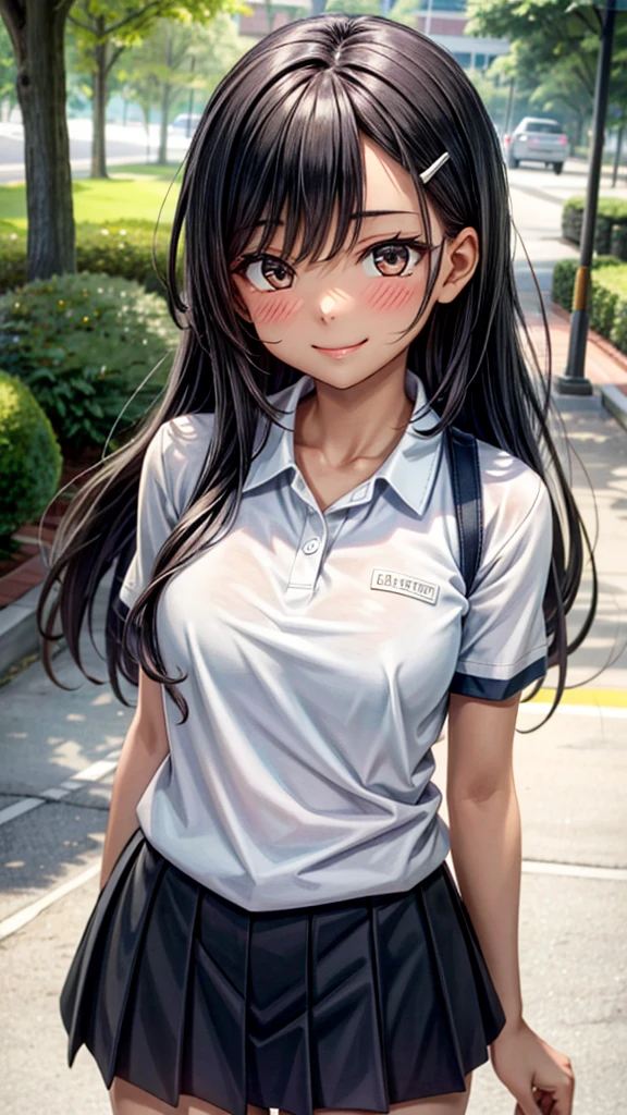 ((best quality)), ((masterpiece)), (details), one girl, y ((best quality)), ((masterpiece)), (details), one girl, sex(best quality)), ((masterpiece)), (details), one girl, full body, sexy ensive body, expensive, long legs, mature woature, adult, atoro_main, Hayase Nagatoro, one girl, blushing, alone, uniform polo shirt, short sleeves, black hair,brown eyes, hair accessory, looking at viewer, hair clip, smiling, long hair, dark skinned woman, dark skin, , bangs, daytime, skirt, collared shirt, collarbone, ear clip, mouth closed, tree, asymmetrical bangs, upper body
