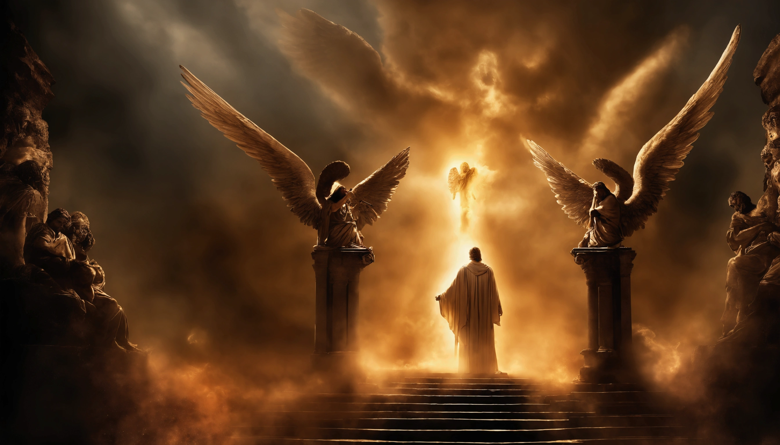 Das Bild der Engel Gottes，Standing in hell with sword in hand, Angels in Hell, Erzengel, Angels VS Demons, Angel observes demon, Angels and demons, Angels protect people, Erzengel Michael, Engel des Todes, Battle between angels and demons, Super breiter Engel, Epic Angel Wings, Angels protect those, die beten, Mensch braucht Todesengel. ((Episches Bild)), ((High quality)), 16k