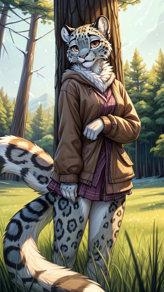 (very detailed illustration: 1.2), best quality, masterpiece, solo, natural lighting, An young anthro female snow leopard with brown eyes, she has snow leopard fur un all her body, she is dressed in casual clothes, she is in an open field, there is green grass everywhere, she is in a forest, there are trees behind her and everywhere, portrail 