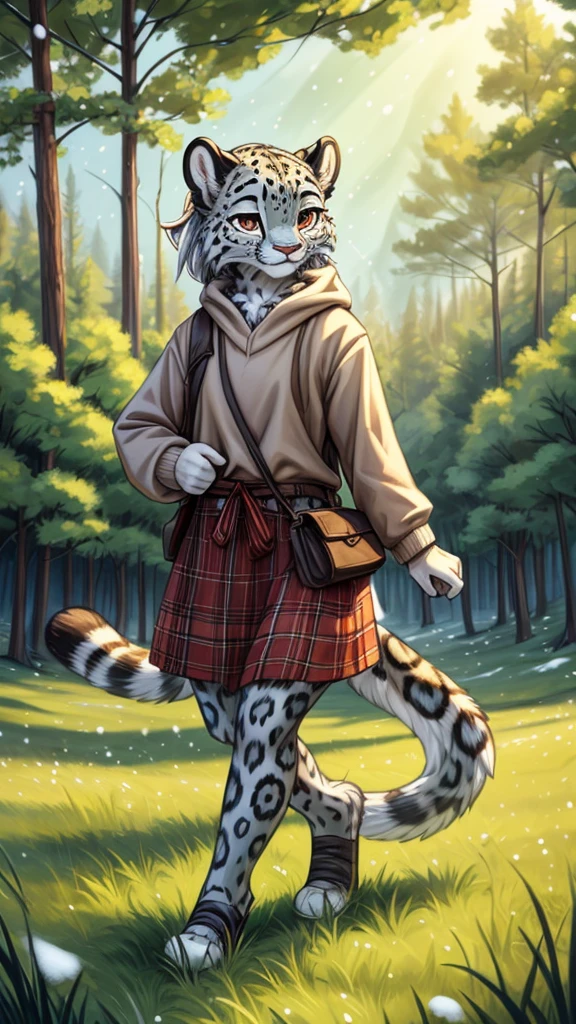 (very detailed illustration: 1.2), best quality, masterpiece, solo, natural lighting, An young anthro female snow leopard with brown eyes, she has snow leopard fur un all her body, she is dressed in casual clothes, she is in an open field, there is green grass everywhere, she is in a forest, there are trees behind her and everywhere, portrail 