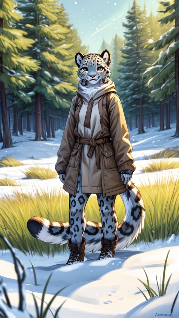 (very detailed illustration: 1.2), best quality, masterpiece, solo, natural lighting, An young anthro female snow leopard with brown eyes, she has snow leopard fur un all her body, she is dressed in casual clothes, she is in an open field, there is green grass everywhere, she is in a forest, there are trees behind her and everywhere, portrail 