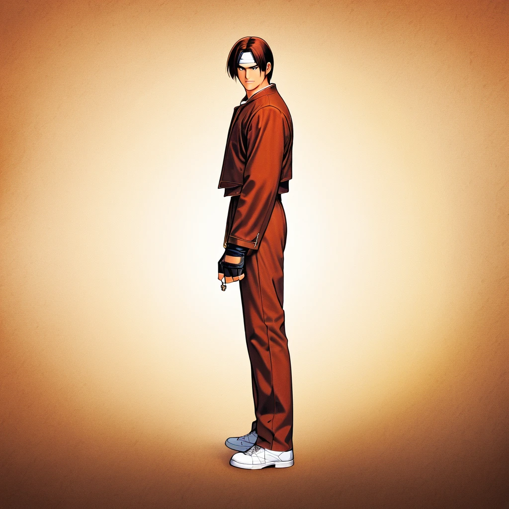 Orochikyo, 1 person, alone, reddish brown jacket, Fingerless gloves, White T-shirt, White headband, Reddish brown trousers, White shoes, whole body, good looking, charm, masterpiece, High resolution, Detailed face,fine grain,Confident and serious expression,At home