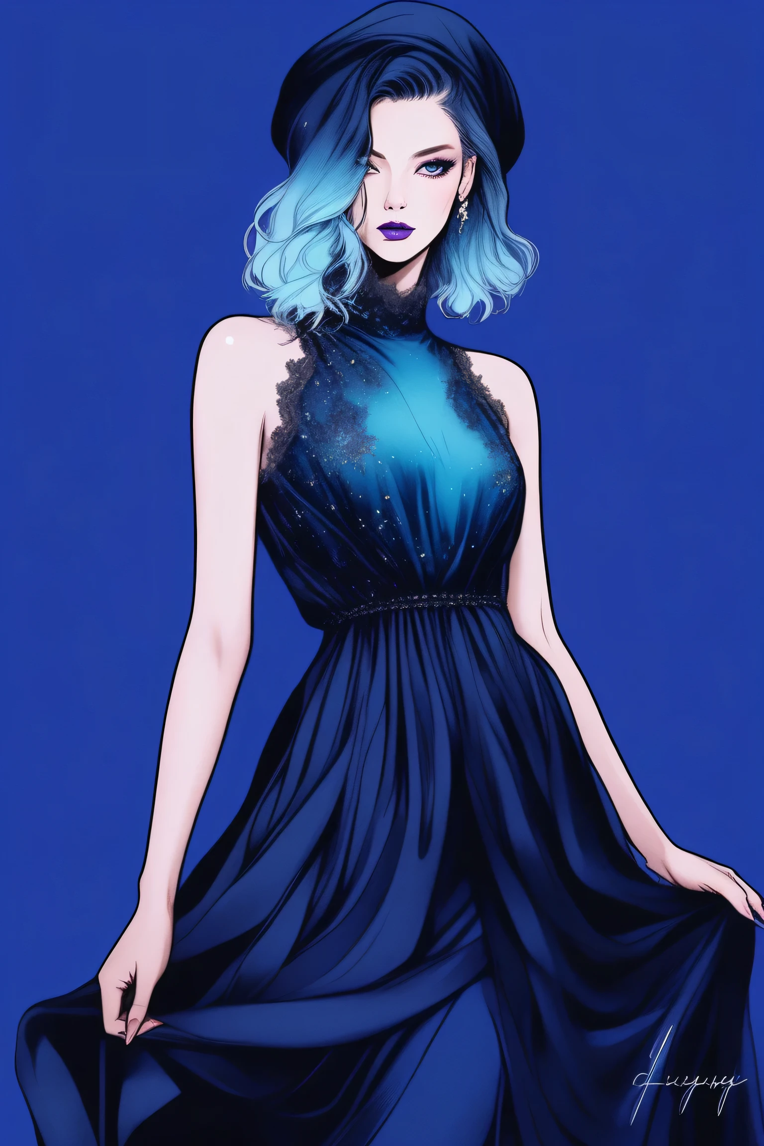 (Highest quality, sketch:1.2),Realistic,Illustrator,anime,1 person, detailedな唇,custom, bad woman, detailed, Black and aquamarine gradient background,Neon Hair,Texture Cropping, masterpiece, Style: Retro Classic, [Close-up of a female dummy, Sexy Dress, Silk dress, Mercury Dress, Astral Dress, Beautiful silk dress, sexy gown, Dark dress, Dark purple clothing, A revealing and stylish dress, dark Astral Dress, soft Silk dress, Elegant dark blue dress, stylish Dark dress, airbrush Dark dress, Fantasy Dress, Baroque Dress, Fancy Dress] (Photo portrait)
