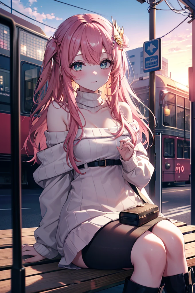 hair ornaments, long hair, wave hair ornaments, blush,pink hair,green eyes, smile,The front of the pink coat is open,white off shoulder sweater,naked neck,bare shoulders,bare clavicle,mini skirt,black  fishnets,short boots,Sitting on a bench in a station,winter,meeting,evening,sunset,
break looking at viewer, 
break outdoors, station entrance, 
break (masterpiece:1.2), highest quality, High resolution, unity 8k wallpaper, (figure:0.8), (detailed and beautiful eyes:1.6), highly detailed face, perfect lighting, Very detailed CG, (perfect hands, perfect anatomy),