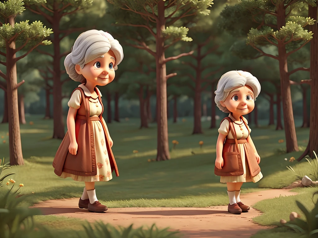 The girl walks through the forest and sings. an old lady comes towards her. cartoon realism