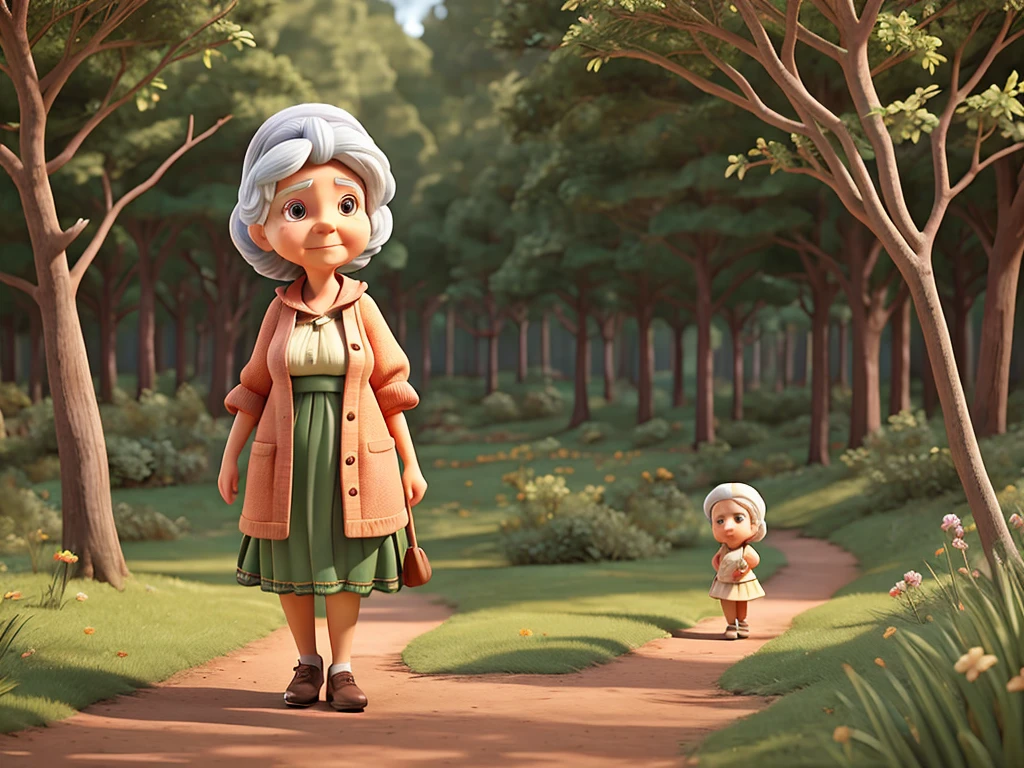 The girl walks through the forest and sings. an old lady comes towards her. cartoon realism