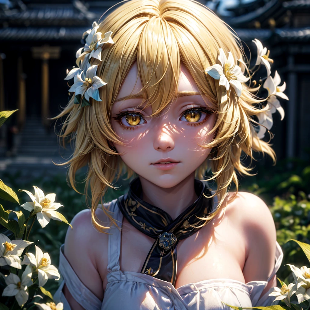 Lumine, genshin impact, (blonde, Short messy hair, white flower hair jewelry, detailed yellow eyes:1.4), (best quality,4k,8k,highres,masterpiece:1.2), ultra-detailed, (realistic,photorealistic,photo-realistic:1.37), illustration, vivid colors, studio lighting,physically-based rendering, cynical lighting effect, sexy pose, potrait, (ultra-detailed eyes:1.4), (temple:1.4), shy, gigantic breasts