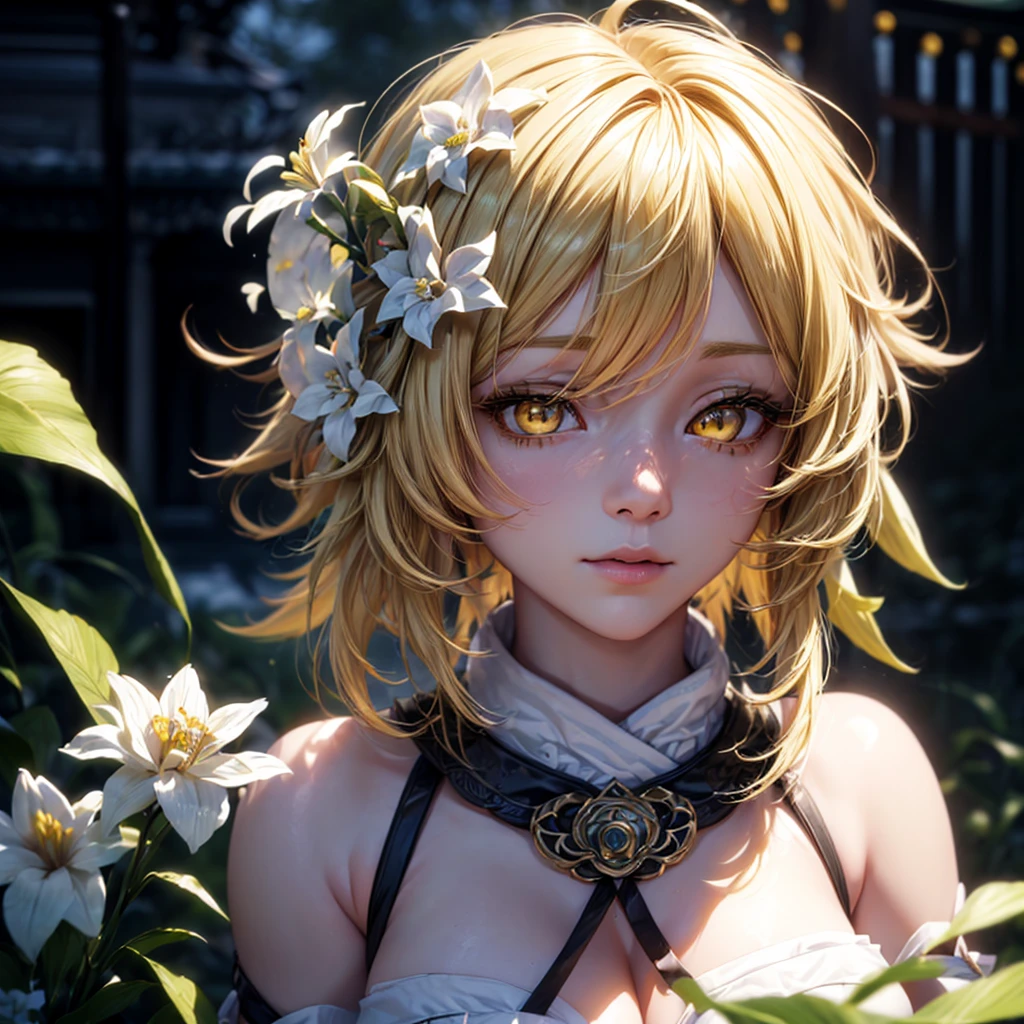 Lumine, genshin impact, (blonde, Short messy hair, white flower hair jewelry, detailed yellow eyes:1.4), (best quality,4k,8k,highres,masterpiece:1.2), ultra-detailed, (realistic,photorealistic,photo-realistic:1.37), illustration, vivid colors, studio lighting,physically-based rendering, cynical lighting effect, sexy pose, potrait, (ultra-detailed eyes:1.4), (temple:1.4), shy, gigantic breasts