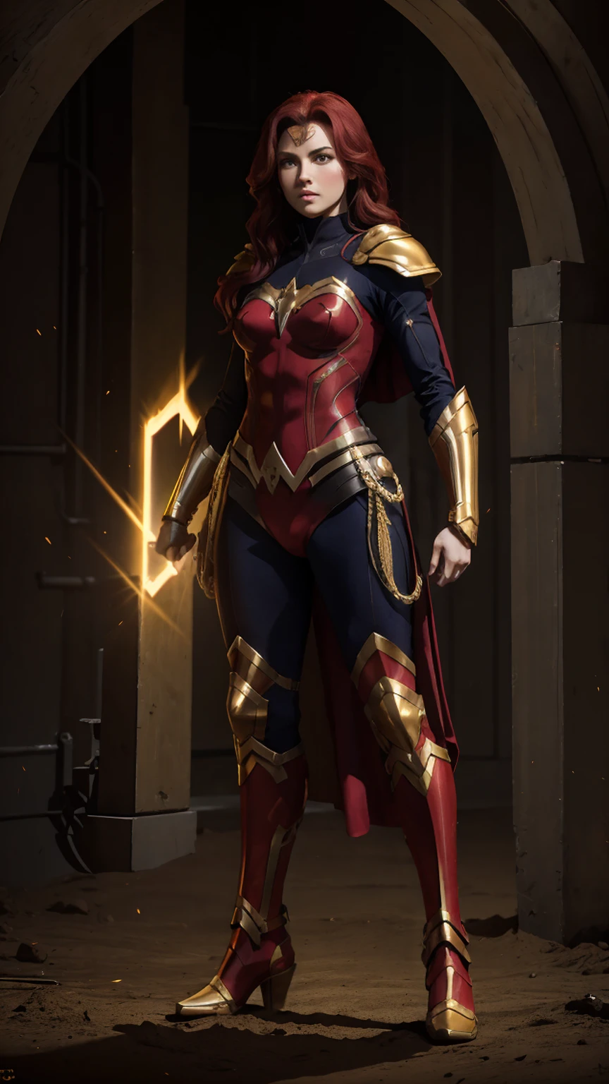 ((full body photo, standing, Feet on the ground)) Wonder Woman A red-haired male warrior with yellow eyes wearing black and gold Supergirl armor, bottomless
