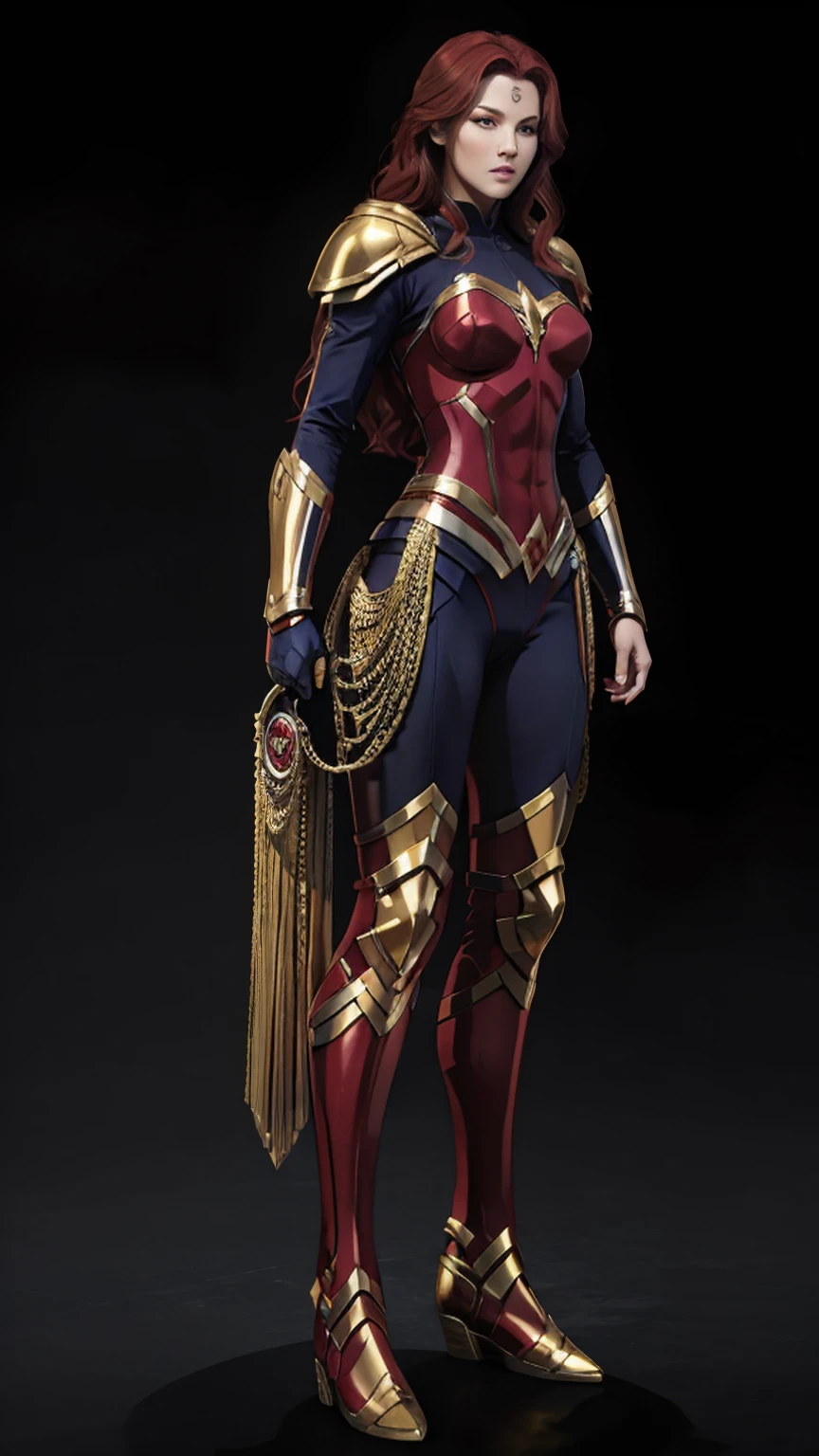 ((full body photo, standing, Feet on the ground)) Wonder Woman A red-haired male warrior with yellow eyes wearing black and gold Supergirl armor, bottomless
