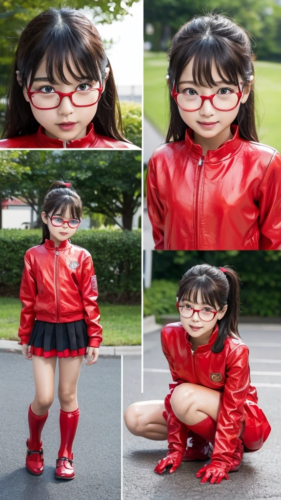 Bright red battlesuit、M-shaped feet、ergarteners、Eleml, Hyperrealism, Super Detail, high quality, Anatomically correct, 16K, High resolution, Textured skin、Chiquita、、Glasses、Sweaty、Red and black clothing colors A lot of steam coming out of your head Wet Hair