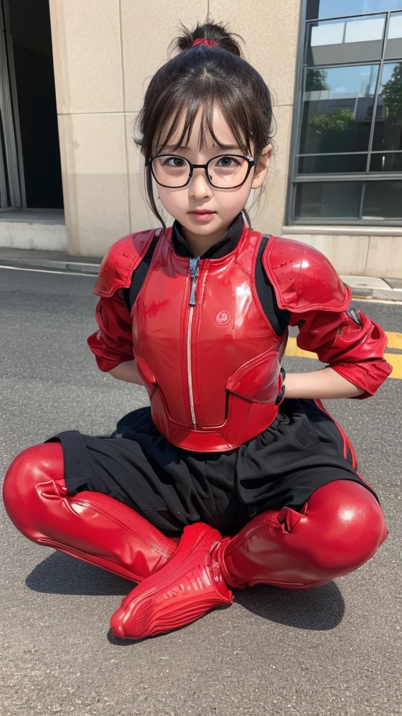 Bright red battlesuit、M-shaped feet、Kindergarteners、Elementary school girl　girl, Hyperrealism, Super Detail, high quality, Anatomically correct, 16K, High resolution, Textured skin、Chiquita、、Glasses、Sweaty、Red and black clothing colors　A lot of steam coming out of your head　Wet Hair