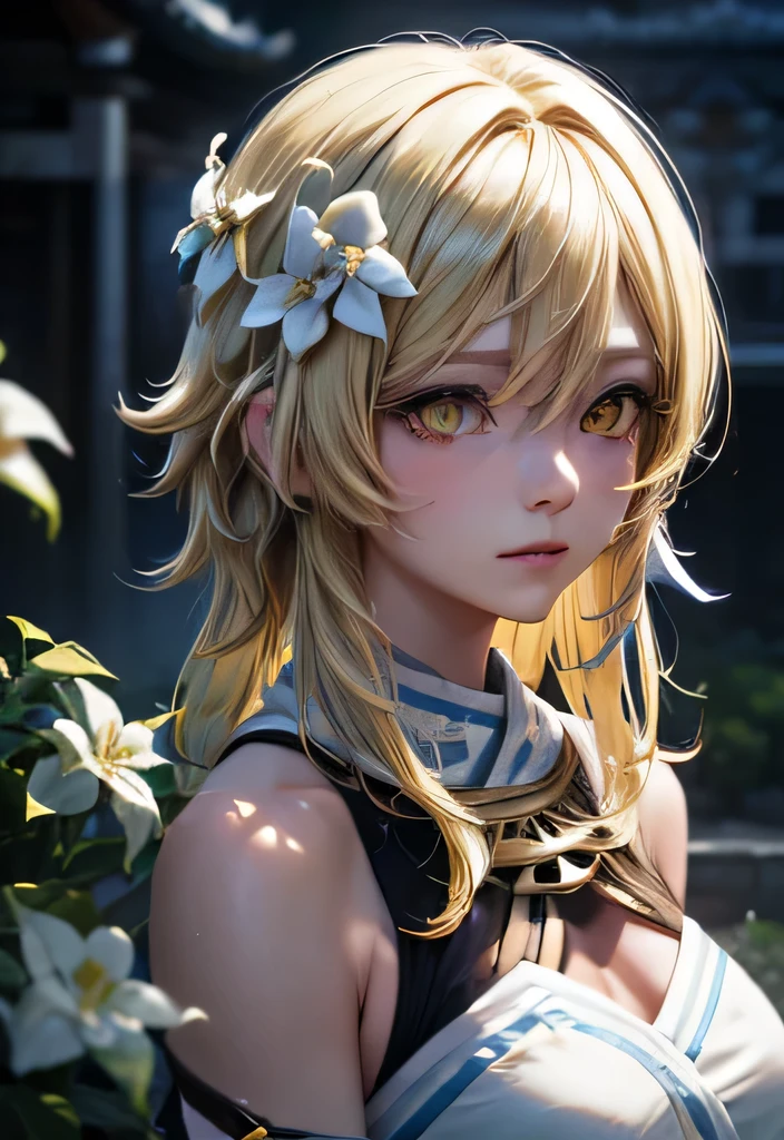 Lumine, genshin impact, (blonde, Short messy hair, white flower hair jewelry, detailed yellow eyes:1.4), (best quality,4k,8k,highres,masterpiece:1.2), ultra-detailed, (realistic,photorealistic,photo-realistic:1.37), illustration, vivid colors, studio lighting,physically-based rendering, cynical lighting effect, sexy pose, potrait, (ultra-detailed eyes:1.4), (temple:1.4), shy