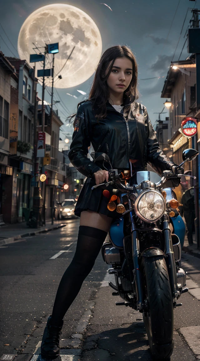 17-year-old Waifu posando na frente de uma motocicleta futurista, the motorcycle has skulls and blue flames highly detailed 3D graphics, night scenery with full moon in the background, she is wearing a Uniform with 3D skulls and flames and Sailor Miniskirt, Pantyhose, HDR, epic realism, high-octane rendering, obra de arte,