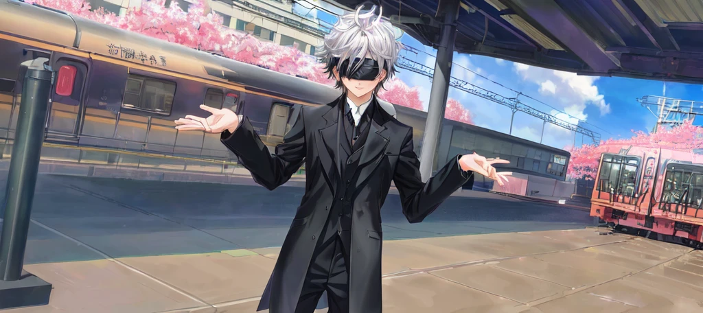 anime character in black suit standing in front of a train, inspired by Okumura Togyu, he wears an blind folded, black blindfolded, he has dark silver hairs, wearing an blind folded, handsome anime pose, live2d, gojo satoru. Fake smile.