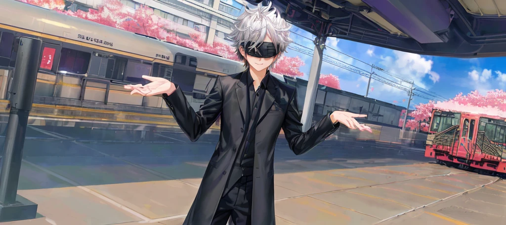 anime character in black suit standing in front of a train, inspired by Okumura Togyu, he wears an blind folded, black blindfolded, he has dark silver hairs, wearing an blind folded, handsome anime pose, live2d, gojo satoru. Fake smile.