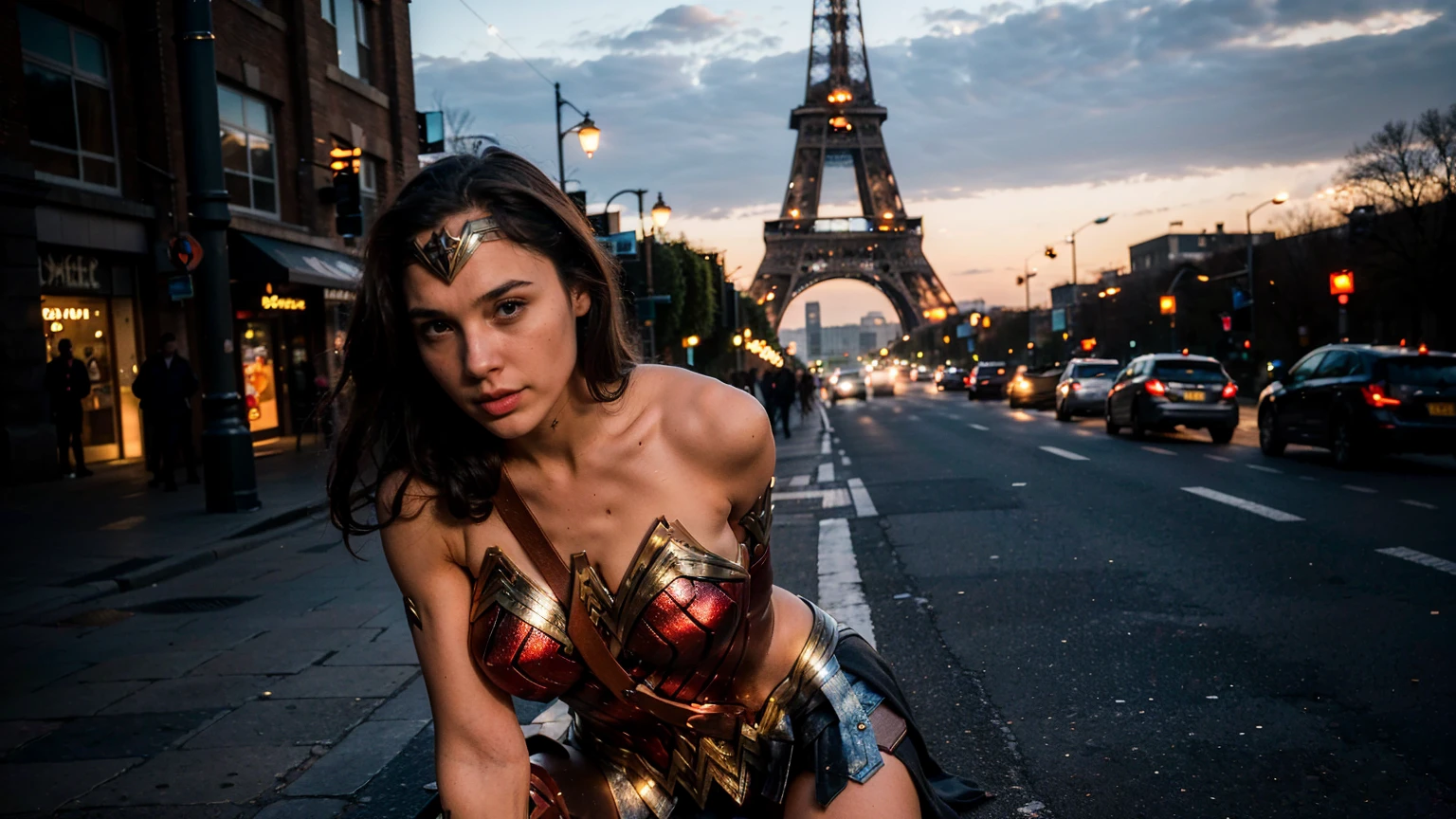 ((masterpiece), (solo character), (photorealistic:1.4), ),(best quality), (epiCRealLife), (g4lg), (wonder woman bra top), (g4lg show abs), (g4lg show cleavages), (Gal Godot in wonder woman costume), (lora:epiCFlashPhoto),(flashphoto), (flash photography) (look at viewers), (outdoor), (Eifel Tower), (night time), (city night lights), (street view), (sitting on bench), (squatting poses)
