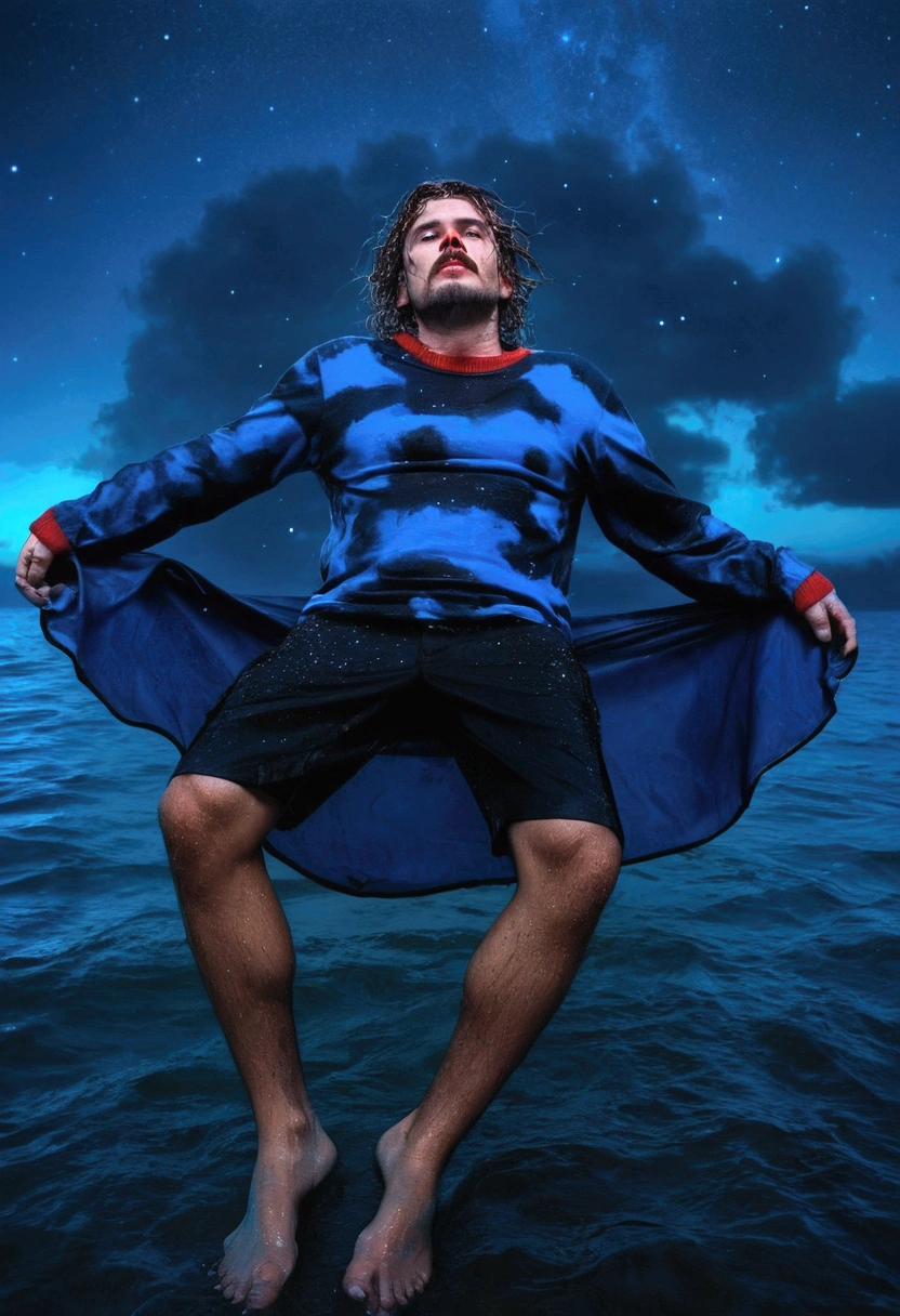 Man sad, inside the sea, wearing wet clothes, your hair is wet, it's dark, at night, the sky looks like a constellation full of planets. The man looks at the camera, he has thick lips, eyes browns. Within the sea there are shades of bright red and blue, looks like a well done painting