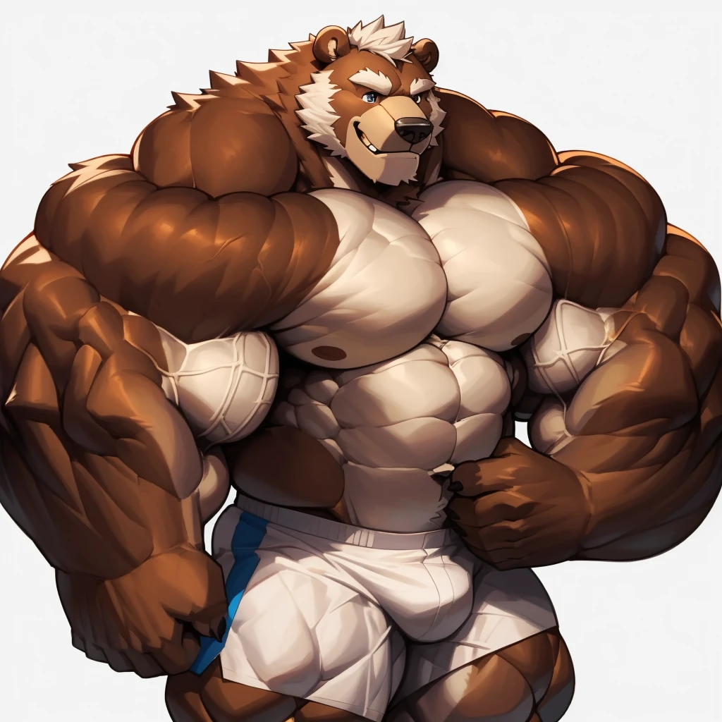 solo, 1boy, perfect anatomy, perfect proportion, smile, grinning, big eyes, happy. Huge Muscular Old grizzly bear, short hair ,(white shorts), view from side, pectoral, thick arms, huge pectoral, wide pectoral, white hair, white beards, huge brown fur, simple background, masterpiece, semirealistic:1.2, high detailed, 8k, high resolution, perfect center, full view. ((really big muscle, massive muscular, sixpack, thick arms, wide pectoral, super huge muscle, hyper muscular, over sized muscle, brown paws, bear paws, huge arms, big arms, huge pectoral))