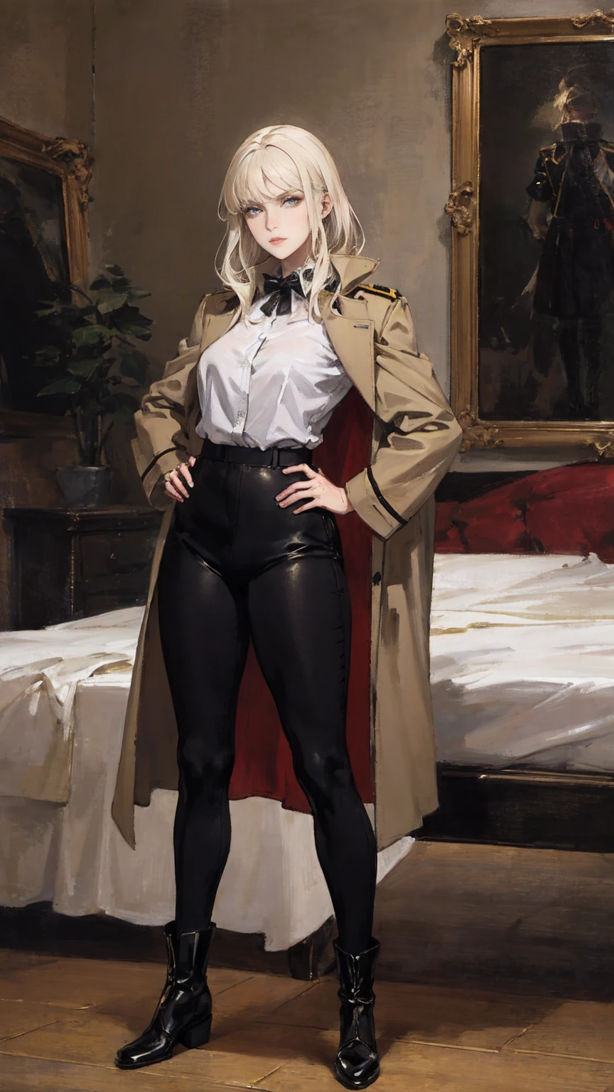 1 female elf, long braided blonde hair, pointed ears, green eyes, thin lips, round face, wearing Houdini magic academy uniform, black jacket with white details, academy crest on right chest, red tie, white fur gloves, white pleated skirt mid-thigh, white thigh high socks, white ballet flats, large breasts, wide hips, thick thighs, beautiful elf, magnificent elf, arrogant elf, full body, (best quality,4k,8k,highres,masterpiece:1.2),ultra-detailed,(realistic,photorealistic,photo-realistic:1.37),HDR,UHD,studio lighting,ultra-fine painting,sharp focus,physically-based rendering,extreme detail description,professional,vivid colors,bokeh,fantasy,magical,portrait