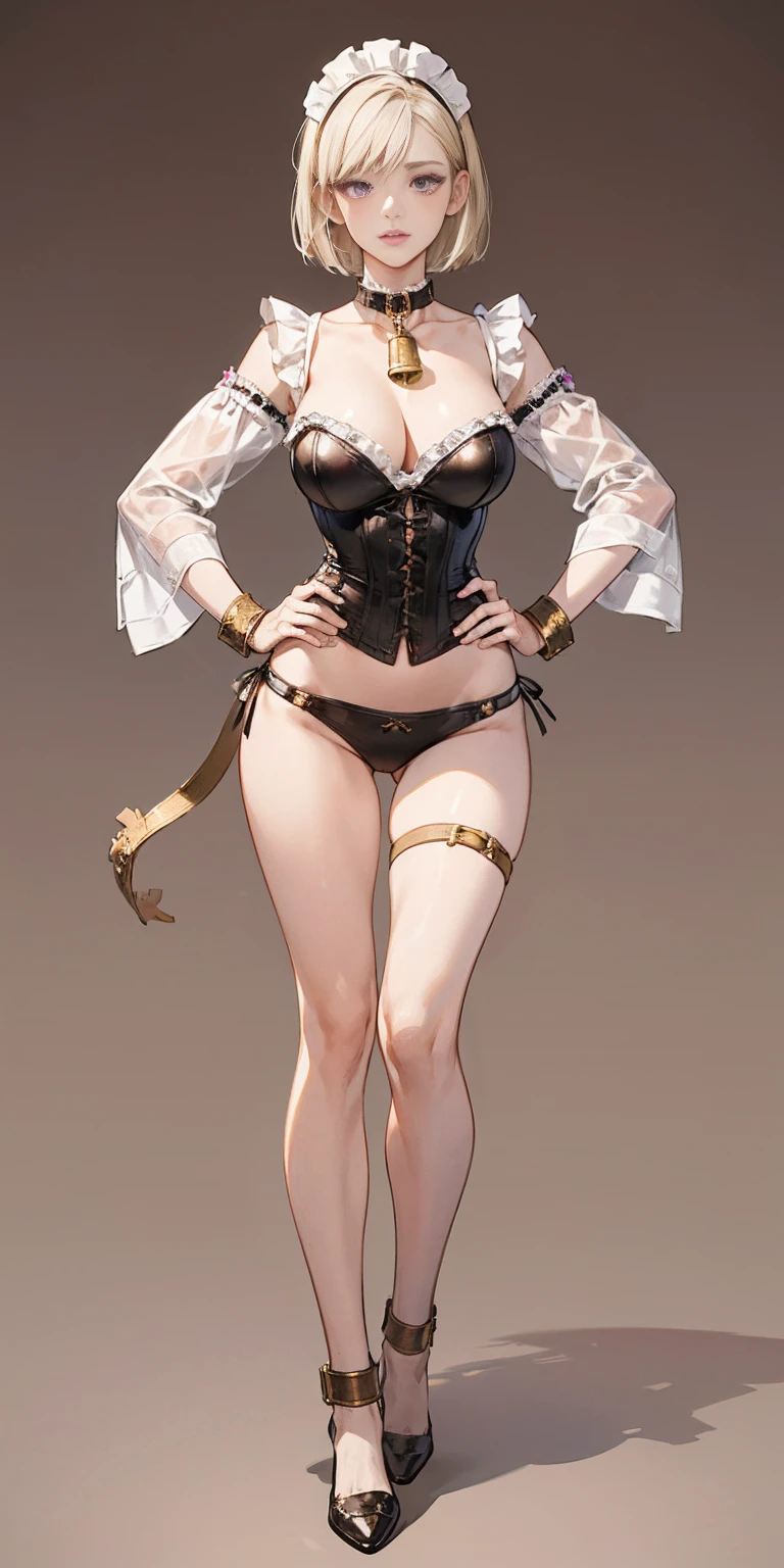 (Masterpiece, plain background:1.2) white short bob hair and skin, purple eyes, thin legs, thin body, leather corset and leather collar choker with golden neck bell, shackles wristbands bracers bracelets sleeves, bikini maid outfit, 1MILFWOMAN full body standing symmetrical with both hands on hips, wide hips, view from below
