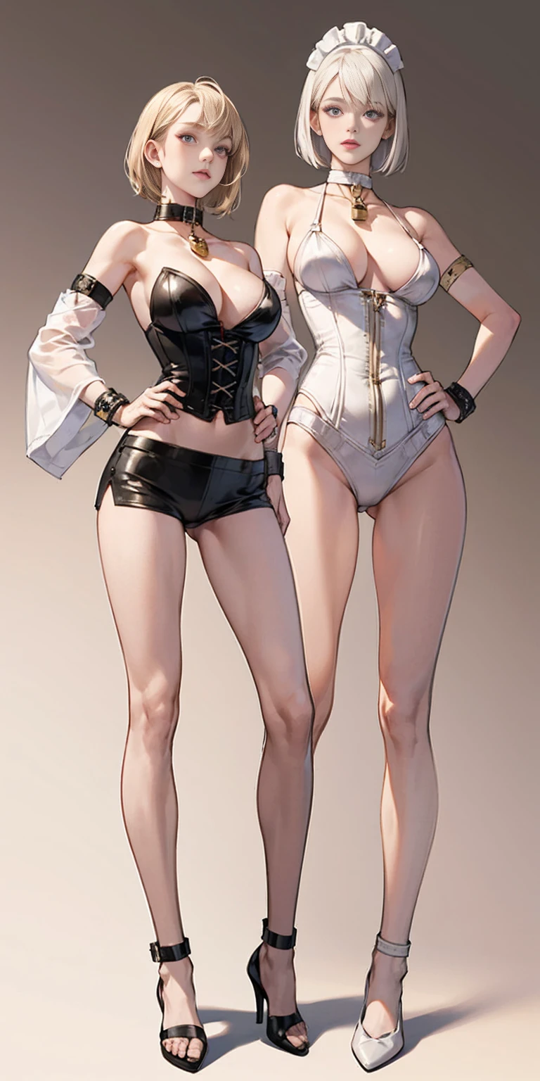 (Masterpiece, plain background:1.2) white short bob hair and skin, purple eyes, thin legs, thin body, leather corset and leather collar choker with golden neck bell, shackles wristbands bracers bracelets sleeves, bikini maid outfit, 1MILFWOMAN BIMBO full body standing symmetrical with both hands on hips, wide hips, view from below