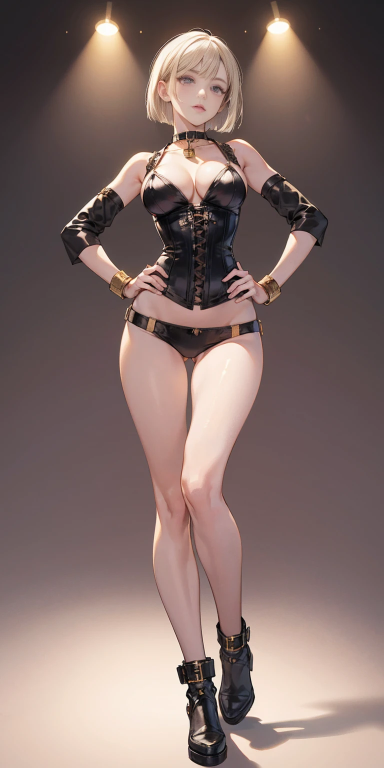 (Masterpiece, plain background:1.2) white short bob hair and skin, purple eyes, thin legs, thin body, leather corset and leather collar choker with golden neck bell, shackles wristbands bracers bracelets sleeves, bikini maid outfit, 1MILFWOMAN BIMBO full body standing symmetrical with both hands on hips, wide hips, view from below