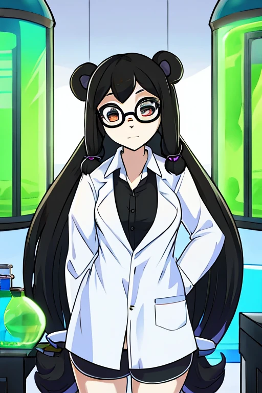 panda woman, long hair in two black pigtails, glasses, lab coat, black shirt, shorts negros, chemical