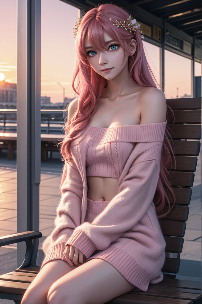 hair ornaments, long hair, wave hair ornaments, blush,pink hair,green eyes, smile,The front of the pink coat is open,white off shoulder sweater,naked neck,bare shoulders,bare clavicle,mini skirt,black fishnets,short boots,Sitting on a bench in a station,winter,meeting,evening,sunset,
break looking at viewer,
break outdoors, station entrance,
break (masterpiece:1.2), highest quality, High resolution, unity 8k wallpaper, (figure:0.8), (detailed and beautiful eyes:1.6), highly detailed face, perfect lighting, Very detailed CG, (perfect hands, perfect anatomy),