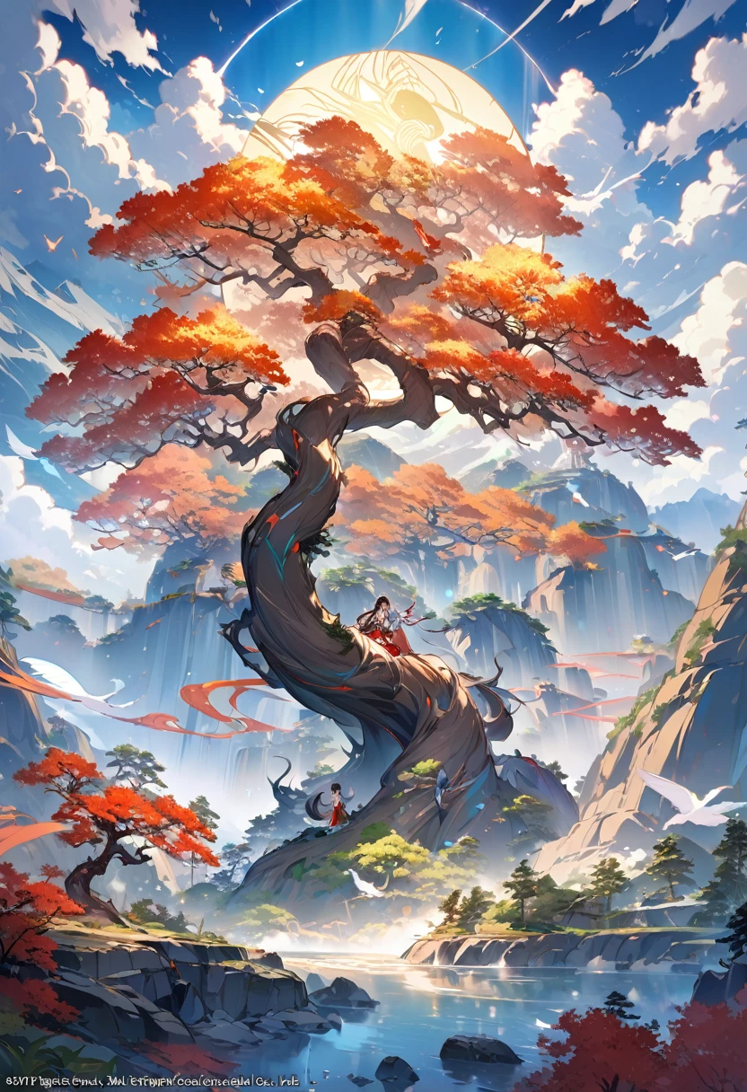 ancient chinese painting，There is a shining phoenix on the plane tree，Fantastic，4Khigh qualityでリアル，mountains， Rios，Auspicious clouds，The feathers are colored，dazzling，The long tail is colorful， Super Detail， A magnificent composition， Hyper HD， high quality， Very detailed， Official Art， unity 8k wallpaper， Super Detail， 32K