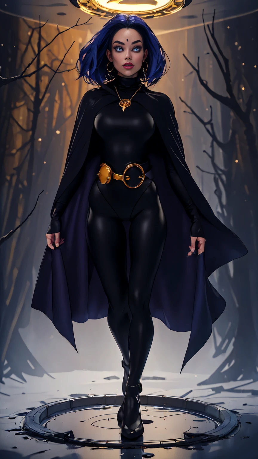 ((Full body photo, standing, feet on the floor)) 1girl, cowboy shot of rvn, hotraven, pale skin, black leotard, turtleneck, tights, cape, glowing eyes, gold belt, jewels, medallion, athletic, looking at viewer, night, dark forest, mist, fog, volumetric lighting, best quality, masterpiece, intricate details, tonemapping, sharp focus, hyper detailed, realistic