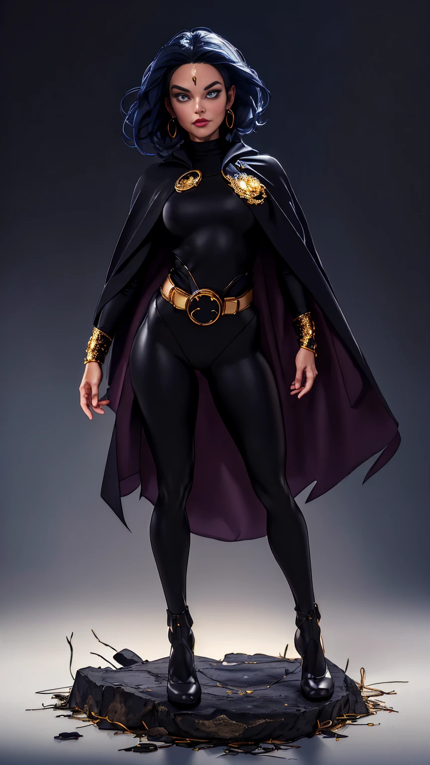 ((Full body photo, standing, feet on the floor)) 1girl, cowboy shot of rvn, hotraven, pale skin, black leotard, turtleneck, tights, cape, glowing eyes, gold belt, jewels, medallion, athletic, looking at viewer, night, dark forest, mist, fog, volumetric lighting, best quality, masterpiece, intricate details, tonemapping, sharp focus, hyper detailed, realistic