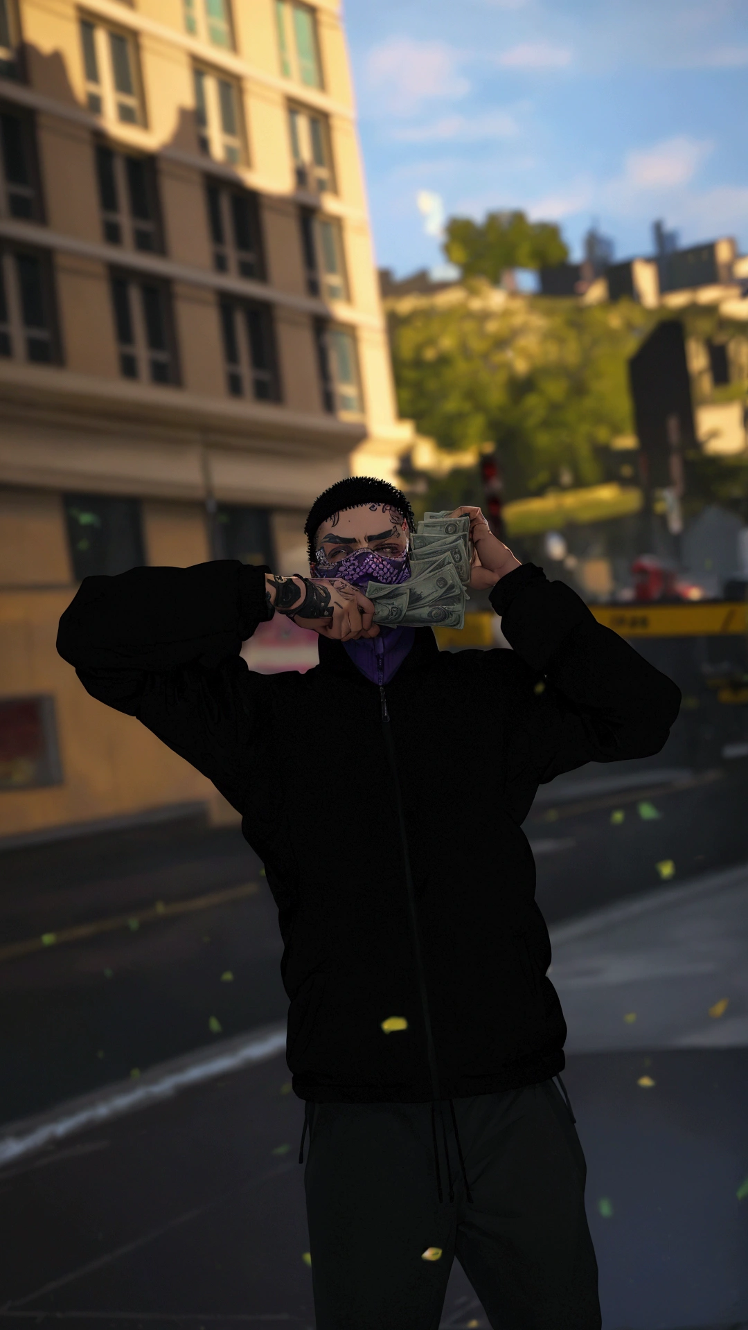 A person wearing a black puffer jacket and a purple mask stands on a city street, holding a stack of cash in one hand and a gun in the other. They have tattoos visible on their arm.