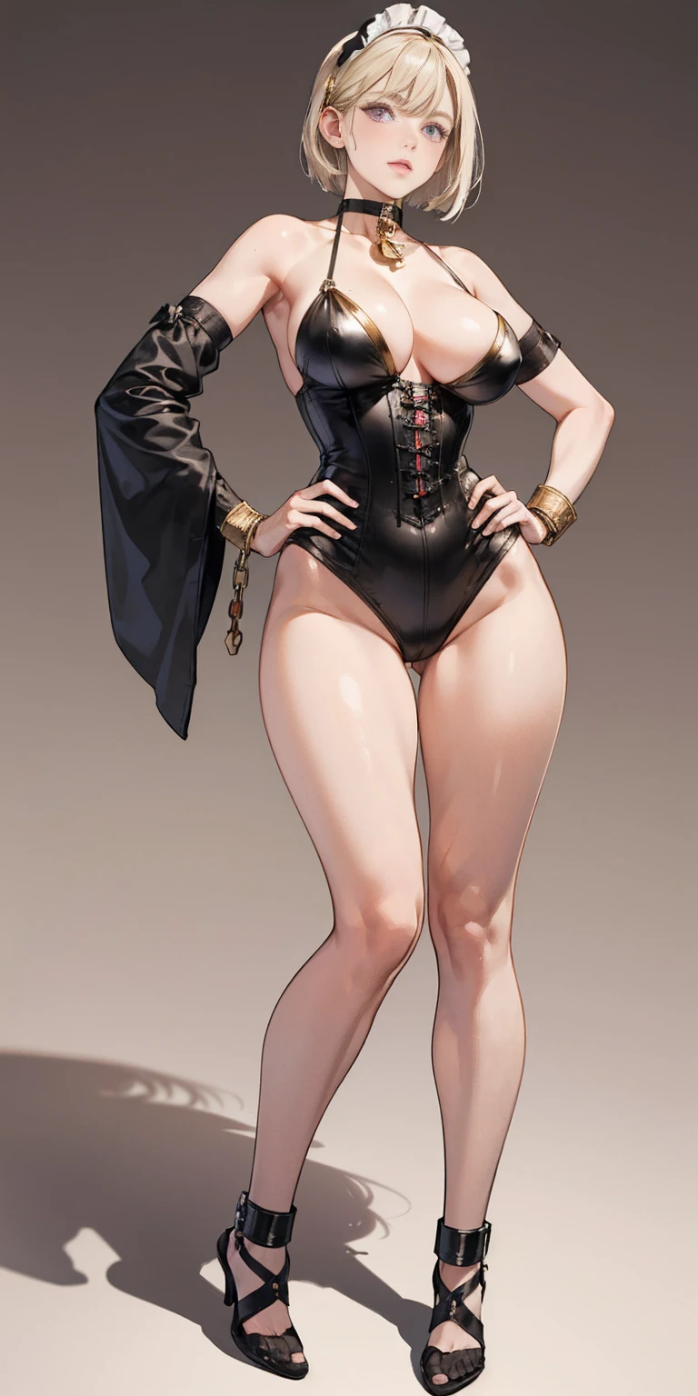 (Masterpiece, plain background:1.2) white short bob hair and skin, purple eyes, thin legs, thin body, leather corset and leather collar choker with golden neck bell, shackles wristbands bracers bracelets sleeves, bikini maid outfit, 1MILFWOMAN BIMBO full body standing symmetrical with both hands on hips, wide hips, view from below