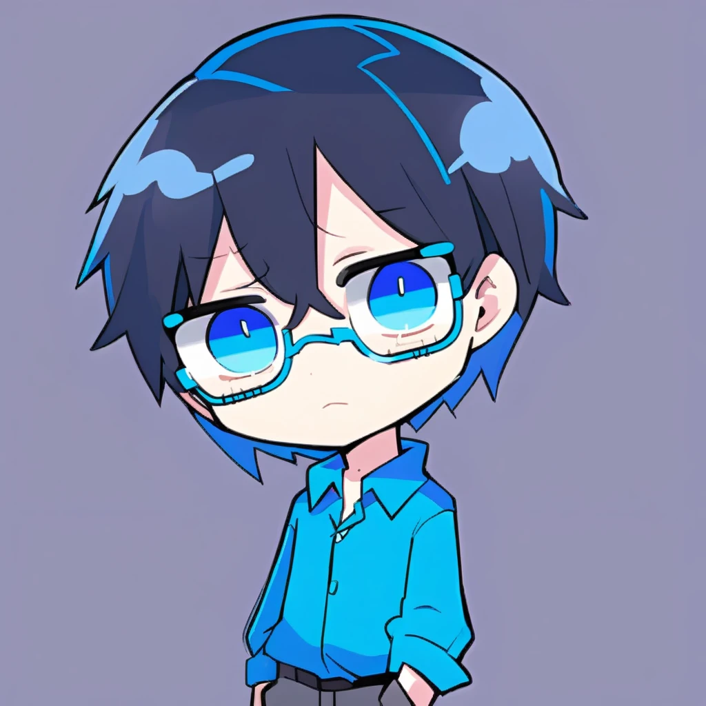 Chibi character, male character, Bblack hair, WITH GLASSES, Blue cold blouse, shining eyes, maya blue eyes, background quarto masculino, closest character