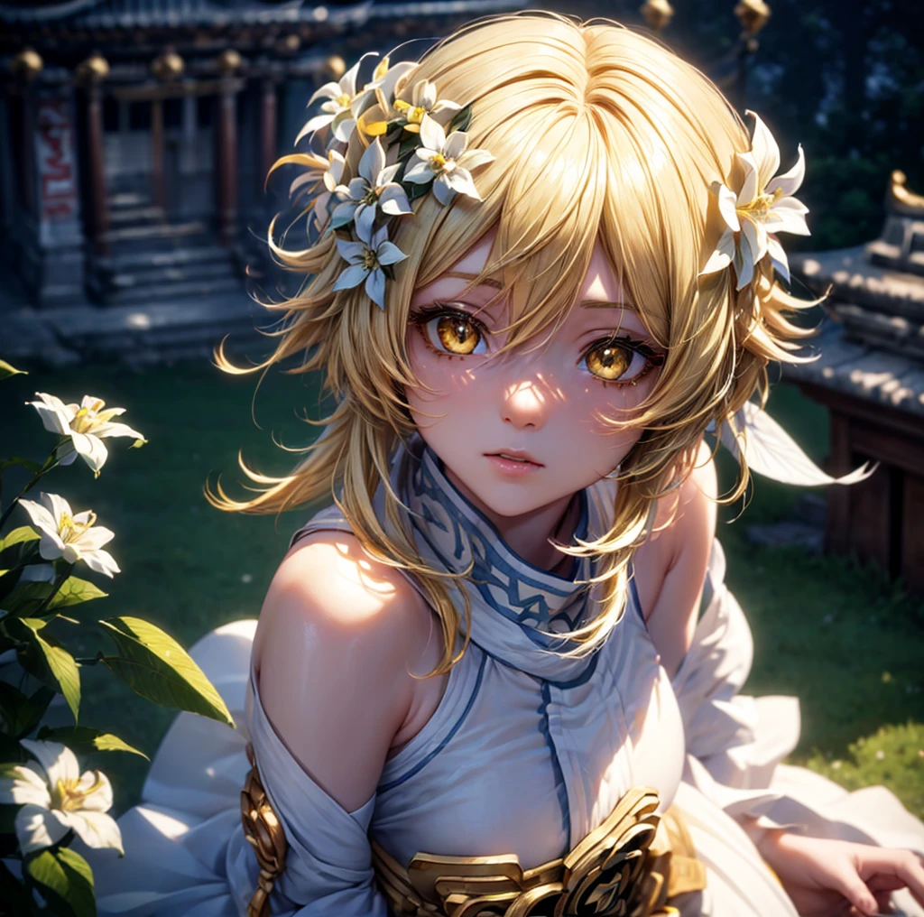 Lumine, genshin impact, (blonde, Short messy hair, white flower hair jewelry, detailed yellow eyes:1.4), (best quality,4k,8k,highres,masterpiece:1.2), ultra-detailed, (realistic,photorealistic,photo-realistic:1.37), illustration, vivid colors, studio lighting,physically-based rendering, cynical lighting effect, sexy pose, potrait, (ultra-detailed eyes:1.4), (temple:1.4), shy