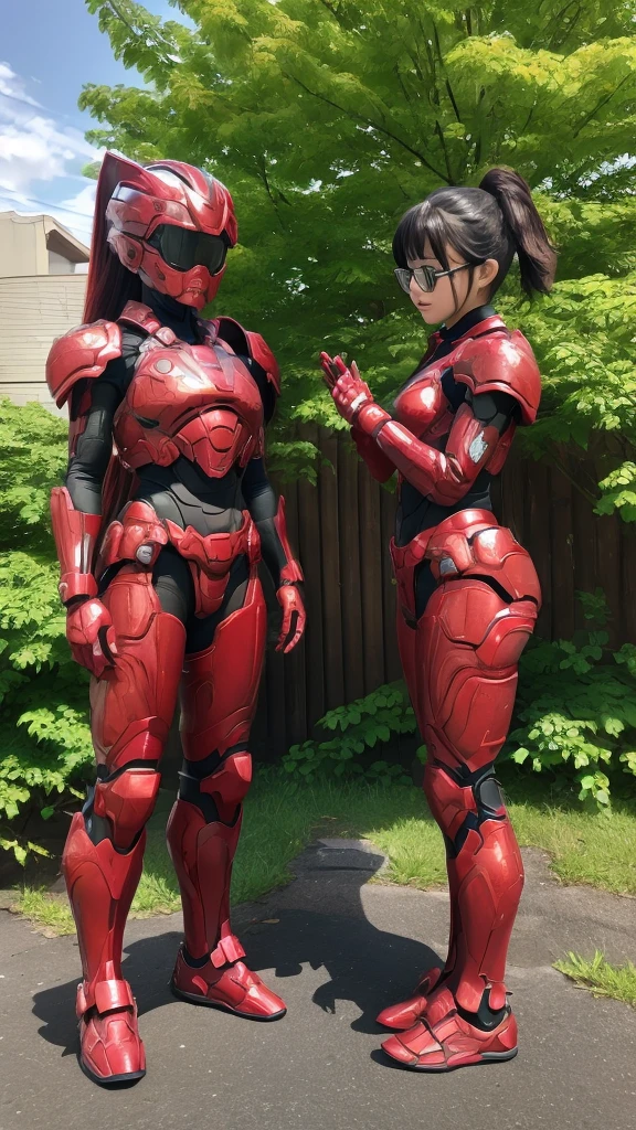 Bright red battlesuit、M-shaped feet、Kindergarten Girls, Hyperrealism, Super Detail, high quality, Anatomically correct, 16K, High resolution, Textured skin、Chiquita、、Glasses、Sweaty、Red and black clothing colors　A lot of steam coming out of your head　Wet Hair