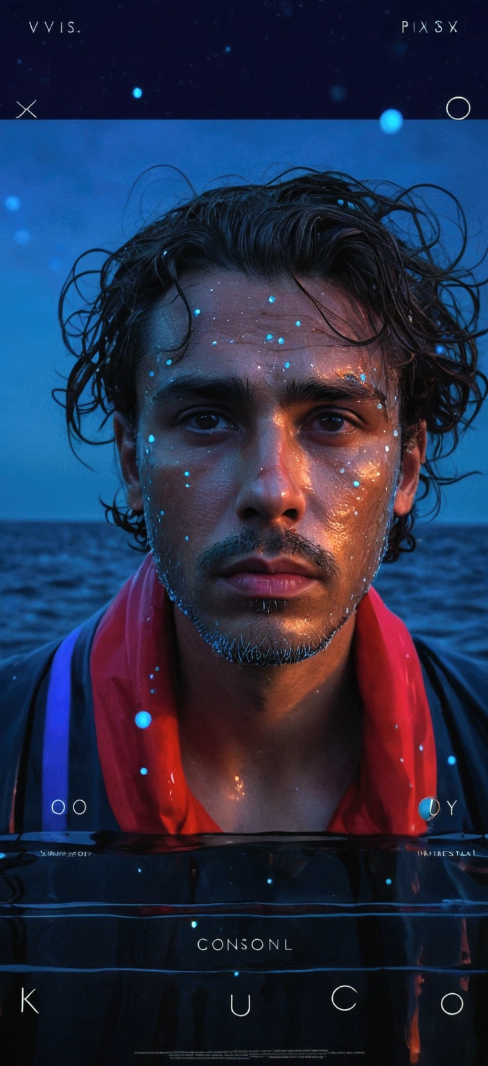 Man sad, inside the sea, wearing wet clothes, your hair is wet, it&#39;s dark, at night, the sky looks like a constellation full of planets. The man looks at the camera, he has thick lips, eyes browns. Within the sea there are shades of bright red and blue, looks like a well done painting 