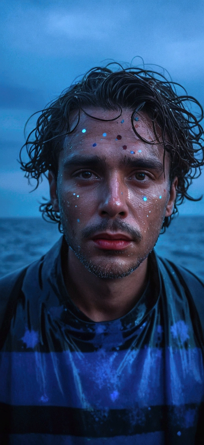 Man sad, inside the sea, wearing wet clothes, your hair is wet, it&#39;s dark, at night, the sky looks like a constellation full of planets. The man looks at the camera, he has thick lips, eyes browns. Within the sea there are shades of bright red and blue, looks like a well done painting 