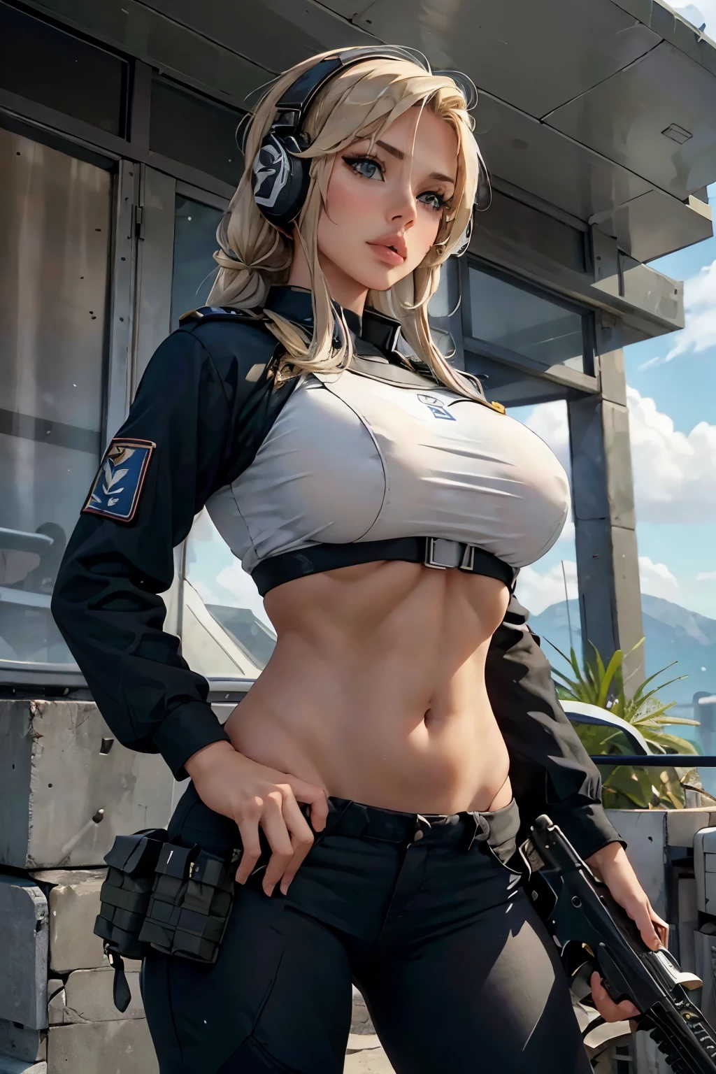 Woman in white holding a rifle and wearing headphones, 42 year old woman, young soldier, mechanized young soldier, Military Girl, beautiful female soldier, Female lead character, Military Girlราบ, Girl's sniper at war, solo female character, Future combat equipment, Half-body close-up, Woman wearing military bulletproof crop top, Show navel, Wear tactical equipment, Wear tactical armor., realistic navel shape