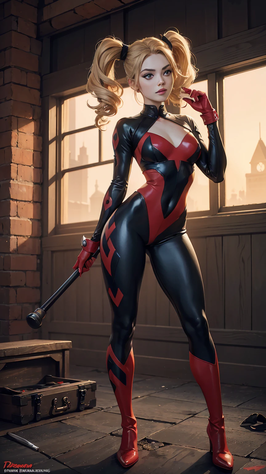 ((Full body photo, standing, feet on the floor)) Harley Quinn, sexy woman, segurando um taco de beisebol , DC Comics,Small, holding a baseball bat , harlequin costume, red and black, dressed in a red and black harlequin costume, he has his big hammer in his hand, red hearts letter, joker card, young, super skynny body, Small and beautiful buttocks, toned abdomen, small and beautiful breasts, gloves, Boots, pose sexy, malevolent, obscene, powerful, super sensual, whole body, Dramatic background, In the background is Arkham Asylum on fire, apocalyptic atmosphere, joker, sensual look, beautiful blue eyes, classic two pigtails hairstyle,Hair dyed in bright blonde color, Best quality,4k,8K,A high resolution,Masterpiece,Ultra detailed,realistic, photorealistic,photo realistic
