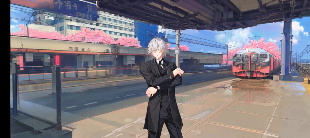 anime character in black suit standing in front of a train, inspired by Okumura Togyu, he wears an blind folded, black blindfolded, he has dark silver hairs, wearing an blind folded, handsome anime pose, live2d, gojo satoru. Fake smile.