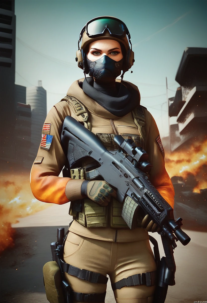 score_9, score_8_up, score_7_up, STAR15 Mod, (masterpiece), (Best quality), (ultra detailed), (best illustration),(best shadow), I look at the viewer, cowboy shot, fiery destroyed city background, tactical equipment, tactical bags, (mask:0.8), tactical armor, Assault rifle, gun in holster, (To frown:1.3)