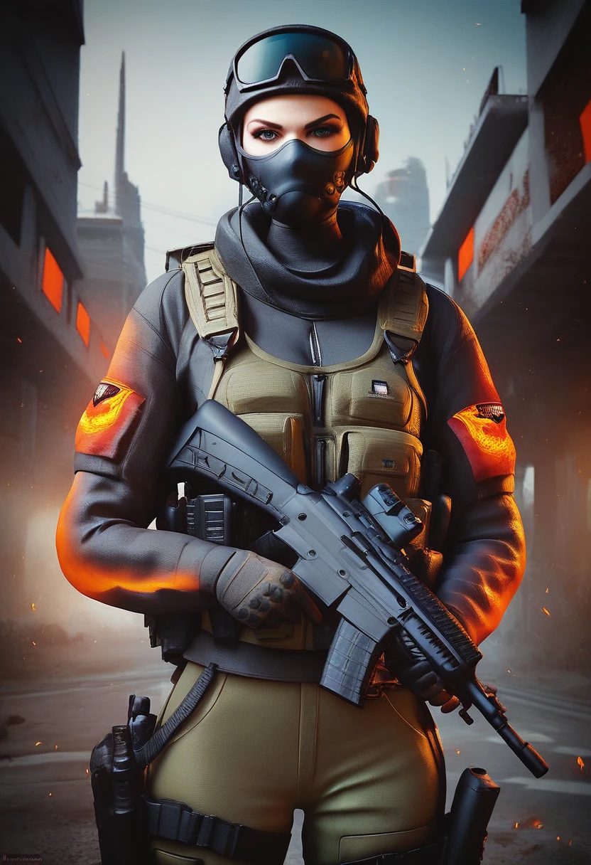 score_9, score_8_up, score_7_up, STAR15 Mod, (masterpiece), (Best quality), (ultra detailed), (best illustration),(best shadow), I look at the viewer, cowboy shot, fiery destroyed city background, tactical equipment, tactical bags, (mask:0.8), tactical armor, Assault rifle, gun in holster, (To frown:1.3)