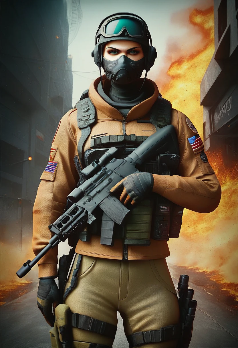 score_9, score_8_up, score_7_up, STAR15 Mod, (masterpiece), (Best quality), (ultra detailed), (best illustration),(best shadow), I look at the viewer, cowboy shot, fiery destroyed city background, tactical equipment, tactical bags, (mask:0.8), tactical armor, Assault rifle, gun in holster, (To frown:1.3)