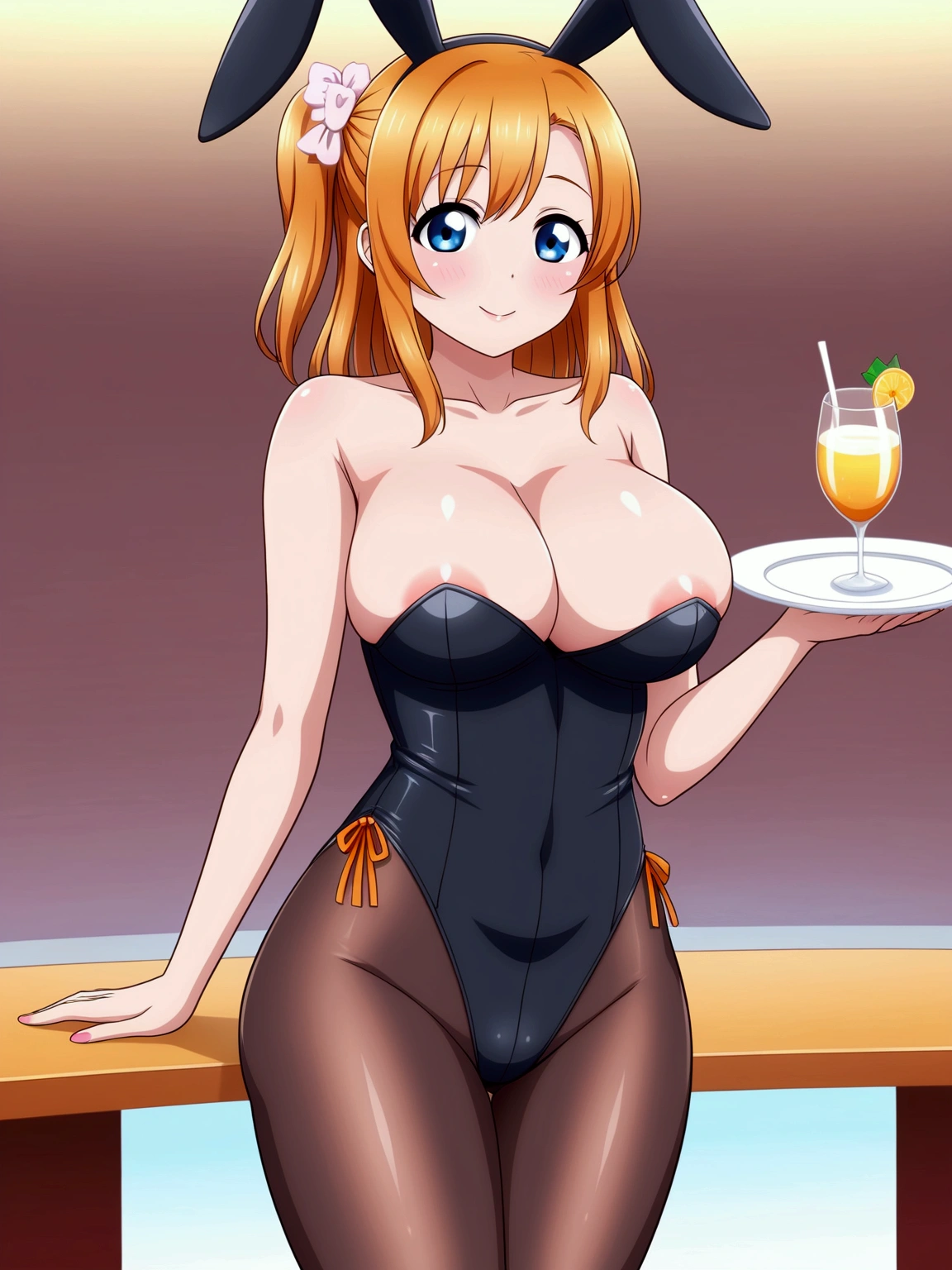 Masterpiece,best quality,Kousaka honoka, blue eyes, orange hair, looking_at_viewer, cowboy shot, black bunny leotard, pantyhose,in restaurant, cleavage , perfect shadow, beautiful,cozy , areola slip