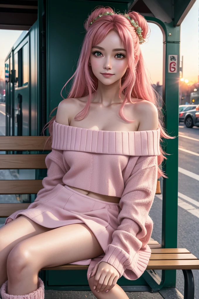 hair ornaments, long hair, wave hair ornaments, blush,pink hair, emerald green eyes, smile,The front of the pink coat is open,white off shoulder sweater,naked neck,bare shoulders,bare clavicle,mini skirt,black fishnets,short boots,Sitting on a bench in a station,winter,meeting,evening,sunset,
break looking at viewer,
break outdoors, station entrance,
break