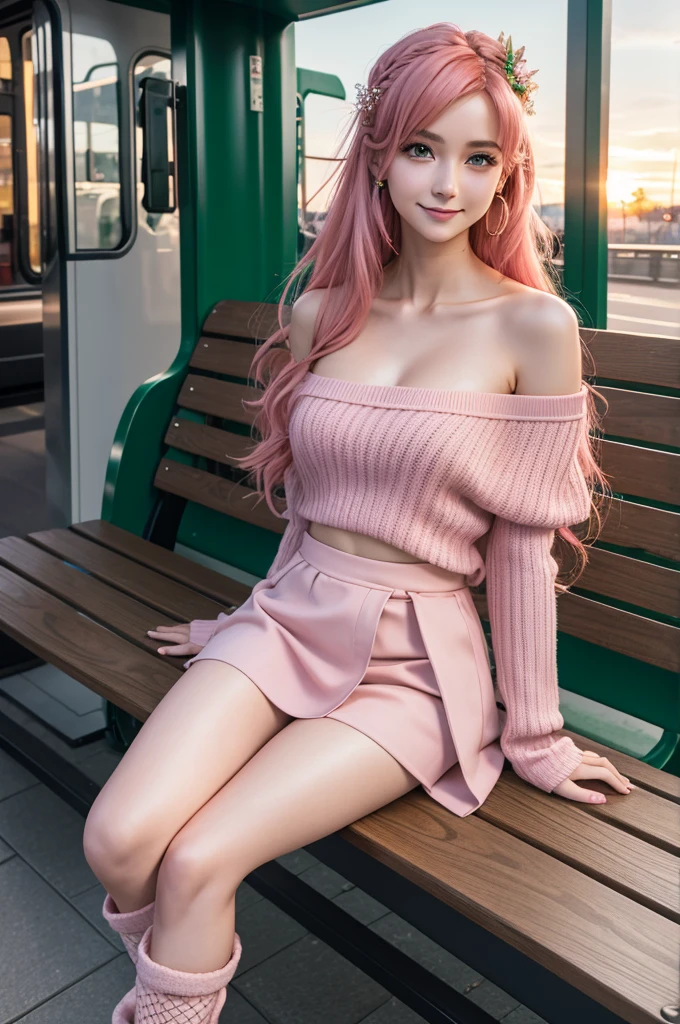 hair ornaments, long hair, wave hair ornaments, blush,pink hair, emerald green eyes, smile,The front of the pink coat is open,white off shoulder sweater,naked neck,bare shoulders,bare clavicle,mini skirt,black  fishnets,short boots,Sitting on a bench in a station,winter,meeting,evening,sunset,
break looking at viewer, 
break outdoors, station entrance, 
break 